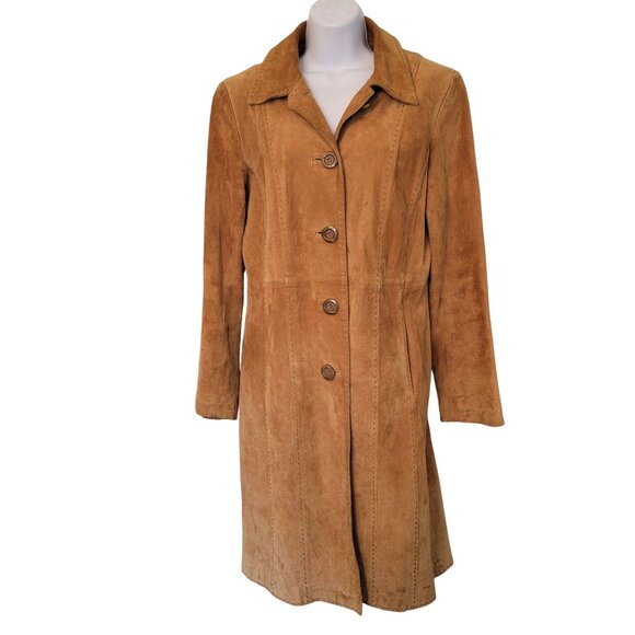 Express 11 12 Camel Tan Brown Leather Suede Button Up Trench Coat Western Rodeo